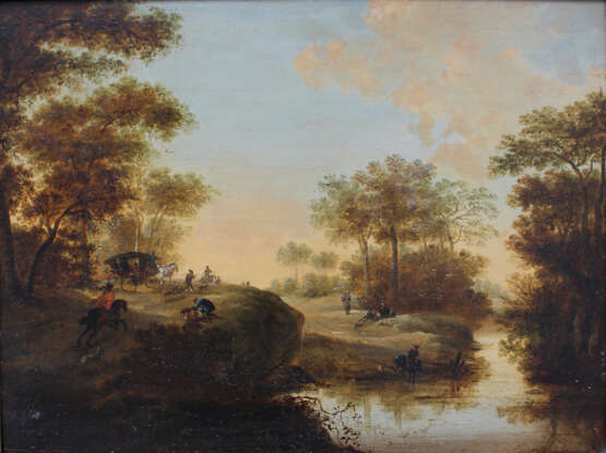 Pieter Meulener (1602-1654)-attributed, Landscape with hunters, horse riders and a coach by a river - фото 2
