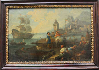 Adrien Manglard (1695–1760), Port scene with ships, tradesmen and fishers, in the background a fortress by the sea