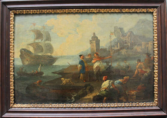 Adrien Manglard (1695–1760), Port scene with ships, tradesmen and fishers, in the background a fortress by the sea - Foto 1