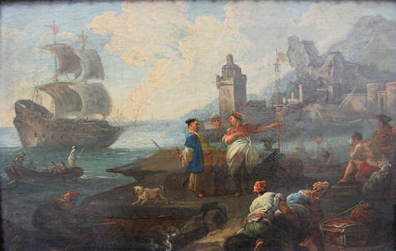 Adrien Manglard (1695–1760), Port scene with ships, tradesmen and fishers, in the background a fortress by the sea - Foto 2