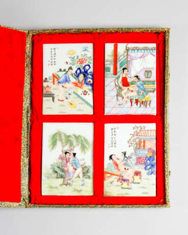 Four erotic Chinese porcelain plaques, coloured painted scenes partly with black script signs, on white ground, glazed - фото 1