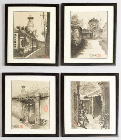 Lot of four views of old Beijing with views of streets by buddhistic monuments - photo 1