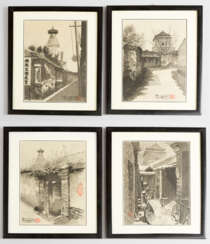 Lot of four views of old Beijing with views of streets by buddhistic monuments