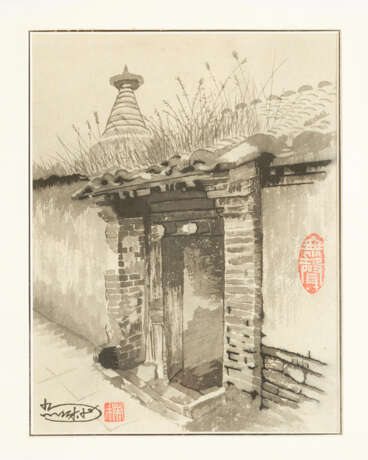 Lot of four views of old Beijing with views of streets by buddhistic monuments - photo 2
