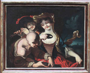Venetian school 18th Century, Elegant lady with mask, flute player and a servant in landscape