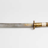 Chinese sword of a honorable person in bowed shape, the blade fluted and with gilded script sings and with damascene decorations - фото 2