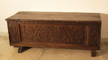 North Italian walnut trunk, the front with floral carved decorations