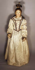 A Neapolitan procession sculpture of Maria, wood carved on quadratic shaped base, with original painting and dress with white neeled clothes with gilded embroidery and white open work necklace