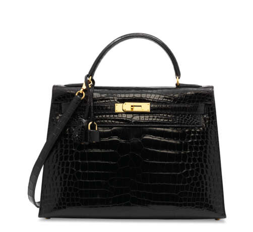 Hermes. A SHINY BLACK POROSUS CROCODILE SELLIER KELLY 32 WITH GOLD H... - Foto 1