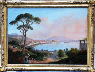 Neapolitan School early 19th Century, View of the bay of Naples with the town, ships, peasants and the Vesuvius in the background