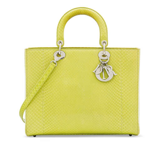 Christian Dior. A SHINY LIME GREEN PYTHON LARGE LADY D WITH SILVER HARDWARE ... - photo 1