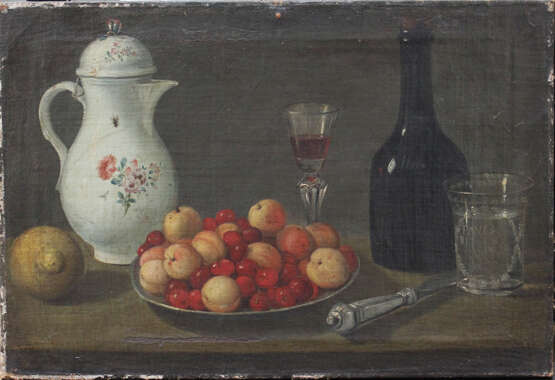 Spanish school, Sill life with peaches and cherries on a dish, a knife, flask and glasses, a lemon and a pot with fly - фото 1