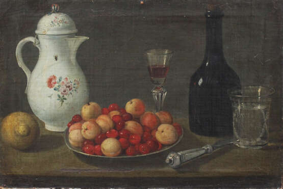 Spanish school, Sill life with peaches and cherries on a dish, a knife, flask and glasses, a lemon and a pot with fly - Foto 2