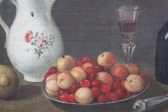 Spanish school, Sill life with peaches and cherries on a dish, a knife, flask and glasses, a lemon and a pot with fly - photo 3