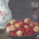 Spanish school, Sill life with peaches and cherries on a dish, a knife, flask and glasses, a lemon and a pot with fly - фото 3