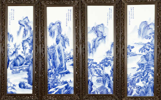 Four Chinese porcelain plaques with painted river landscapes in blue colour on white ground, glazed, on top Chinese script signs and artist‘s stamp - photo 1