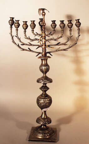 Polish Hanukkah lamp on quadratic base with richly shaped column, chased with flower decorations - photo 3