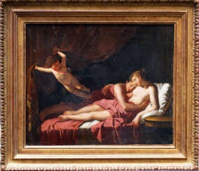 Jacques-Louis David (1748-1825)-circle, Two lovers on bed stead presented by Amor opening the curtain