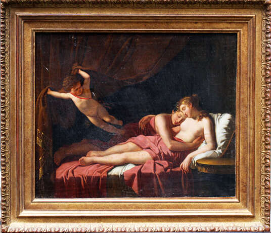 Jacques-Louis David (1748-1825)-circle, Two lovers on bed stead presented by Amor opening the curtain - photo 1