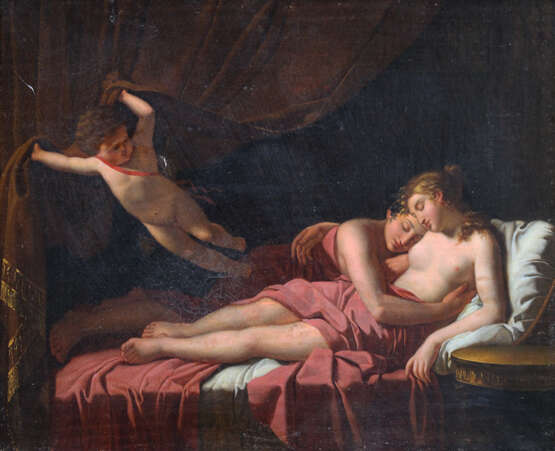 Jacques-Louis David (1748-1825)-circle, Two lovers on bed stead presented by Amor opening the curtain - photo 2
