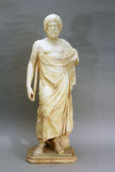 Italian alabaster sculpture of Hippocrates of Kos (c. 460 – c. 370 BC) in standing position with toga, a stick in his hands and snake at his feet