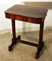 A Vienna Biedermeier working table on two column feet, with lower H-connection, on four rolls