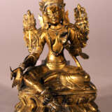 Bronze sculpture of Green Tara with crown, floral decorations on the sides and the hands and feet in blessing ceremonial position, one foot with earth contact - photo 2