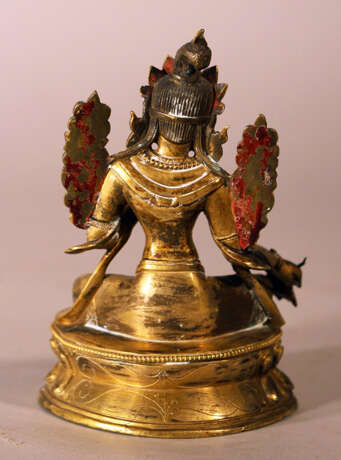 Bronze sculpture of Green Tara with crown, floral decorations on the sides and the hands and feet in blessing ceremonial position, one foot with earth contact - photo 3