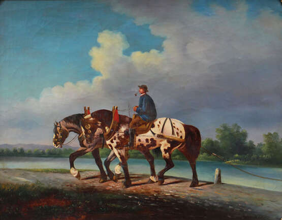 A. Klein, artist 19th Century, Horse rider with two horses by a river - Foto 2