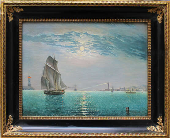Russian School 19th Century, Night harbour with ships at moonlight - фото 1