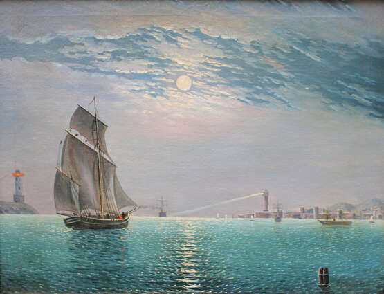 Russian School 19th Century, Night harbour with ships at moonlight - Foto 2