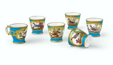 A SET OF SIX SEVRES PORCELAIN BLEU CELESTE ORNITHOLOGICAL IC...