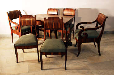 Russian or Baltic salon suit comprising one table, two armchairs and four chairs