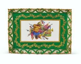 A SEVRES PORCELAIN GREEN-GROUND PIERCED RECTANGULAR TRAY (PL...