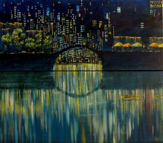 Gemälde „Abends in der großen Stadt (Diptychon)“, Leinwand, Ölfarbe, Konzeptionell, Landschaftsmalerei, 2020 - Foto 1
