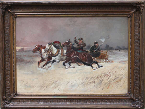 Pjotr C. Stojanow (1857-1957)-attributed, Troika with two hunters on a slight in winter - Foto 1