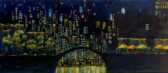 Gemälde „Abends in der großen Stadt (Diptychon)“, Leinwand, Ölfarbe, Konzeptionell, Landschaftsmalerei, 2020 - Foto 2