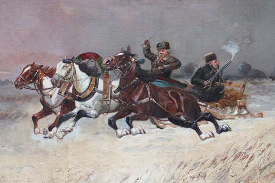 Pjotr C. Stojanow (1857-1957)-attributed, Troika with two hunters on a slight in winter - Foto 2