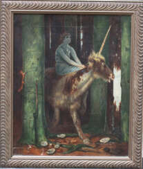 Symbolist around 1900, Girl on a unicorn in forest