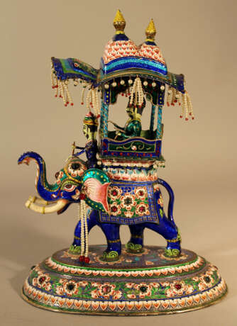 An Indian silver enamel elephant with a cabbin with a Maharaja an his elephant rider on top - photo 1