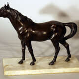 Bronze sculpture of a standing horse looking to the side, on white marble base - фото 2