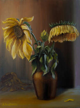 Gemälde „Aus dem Leben von Sonnenblumen“, Karton, Ölfarbe, Stillleben, Russland, 2020 - Foto 1