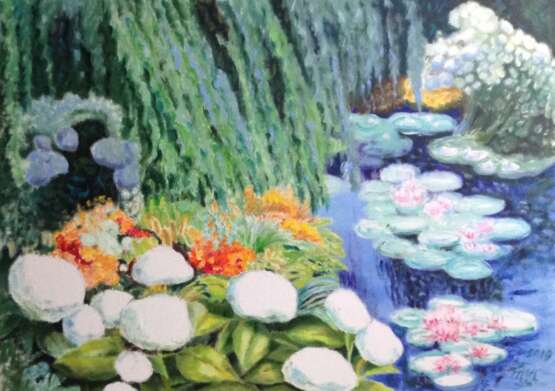 Painting “Pond with white flowers”, Canvas, Oil paint, Impressionist, Landscape painting, 2019 - photo 1