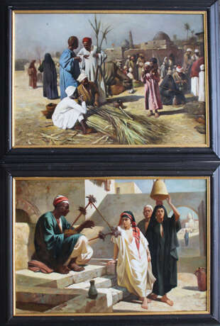 J. G. Vicent, orientalist 20th Century, Pair of paintings with oriental music in a street and market sellers - Foto 1