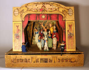 Italian puppet theater with colour printed paper stage stickable in cardboard box