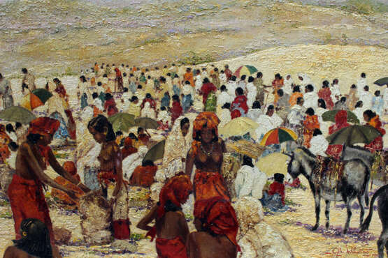 Unknown artist, large market scene, possibly Central Africa, with mountains in the background and several woman in traditional dresses trading corn - Foto 3