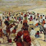 Unknown artist, large market scene, possibly Central Africa, with mountains in the background and several woman in traditional dresses trading corn - photo 3