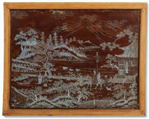 A CHINESE MOTHER-OF-PEARL INLAID BROWN LACQUER PANEL