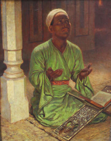 Orientalist late 19th Century, Praying man, oil on canvas, monogrammed and described Cairo bottom left, framed. - photo 2