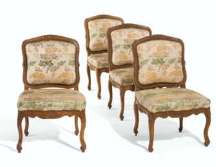A SET OF FOUR REGENCE BEECHWOOD AND WALNUT CHAISES